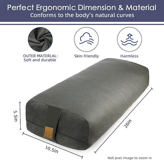 Yoga Bolster (26x10.5x5.5 in) Supportive Yoga Cushion for Restorative Yin Yoga Accessories Rectangular Bolster for Stretching Meditation Pillow 100% Organic Cotton Removable Washable Cover