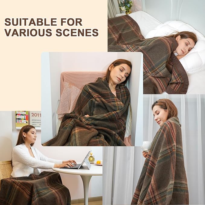 YOUR MOON 100% Pure Merino Wool Queen Size, Australian Organic Natural Wool Blanket, Hypoallergenic Wool Blanket for Bed, Medium Weight(Plaid Brown, 90 * 90)