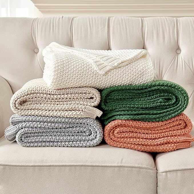 Joydeco Chunky Cable Knit Throw Blanket, Lightweight 100% Organic Cotton Soft Cozy Throw Twin Blanket for Couch Bed and Sofa, Rustic Breathable Farmhouse Blanket Gift for Women Men(Beige, 51"x63")