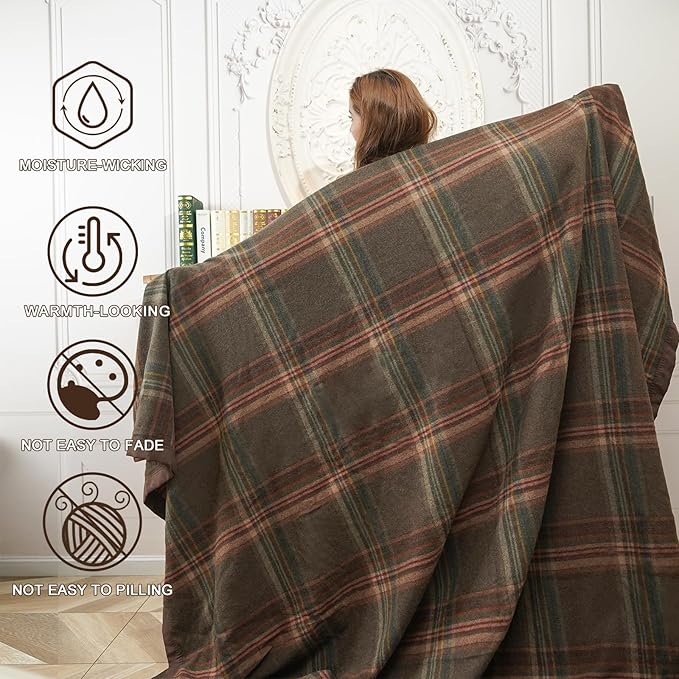 YOUR MOON 100% Pure Merino Wool Queen Size, Australian Organic Natural Wool Blanket, Hypoallergenic Wool Blanket for Bed, Medium Weight(Plaid Brown, 90 * 90)