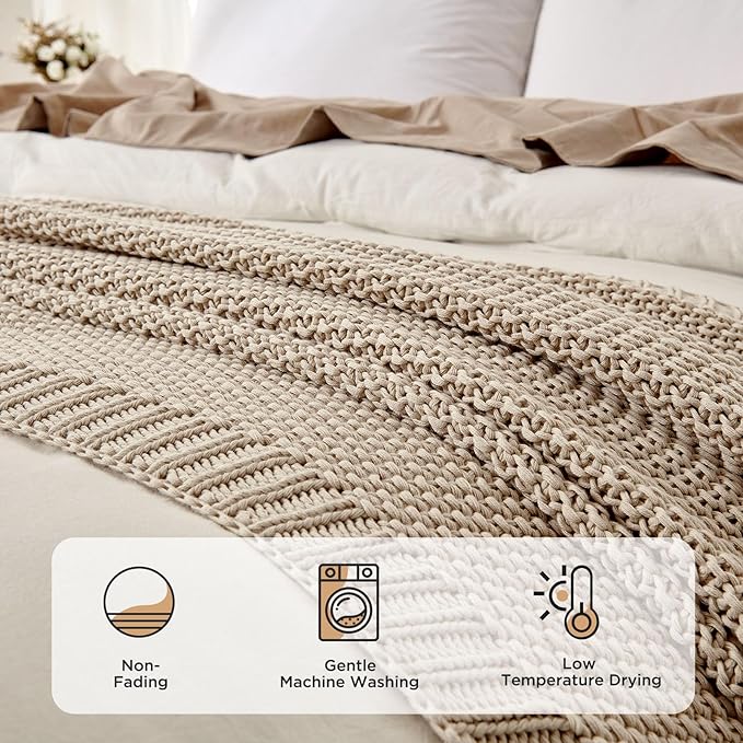 Joydeco Chunky Cable Knit Throw Blanket, Lightweight 100% Organic Cotton Soft Cozy Throw Twin Blanket for Couch Bed and Sofa, Rustic Breathable Farmhouse Blanket Gift for Women Men(Beige, 51"x63")