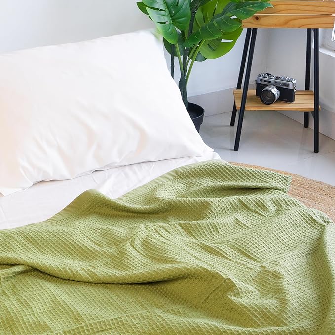 Salt Earth GOTS Certified 100% Organic Cotton Throw Blanket, 55" X 60" Blankets & Throws for Bed, Throw Blanket for Couch,Modern & Cozy Blanket, All Seasons, Waffle Blanket, Soft Blanket (Mosstone)