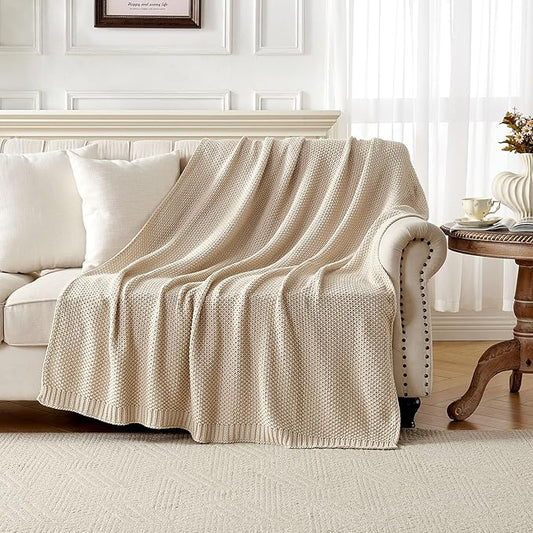 Joydeco Chunky Cable Knit Throw Blanket, Lightweight 100% Organic Cotton Soft Cozy Throw Twin Blanket for Couch Bed and Sofa, Rustic Breathable Farmhouse Blanket Gift for Women Men(Beige, 51"x63")