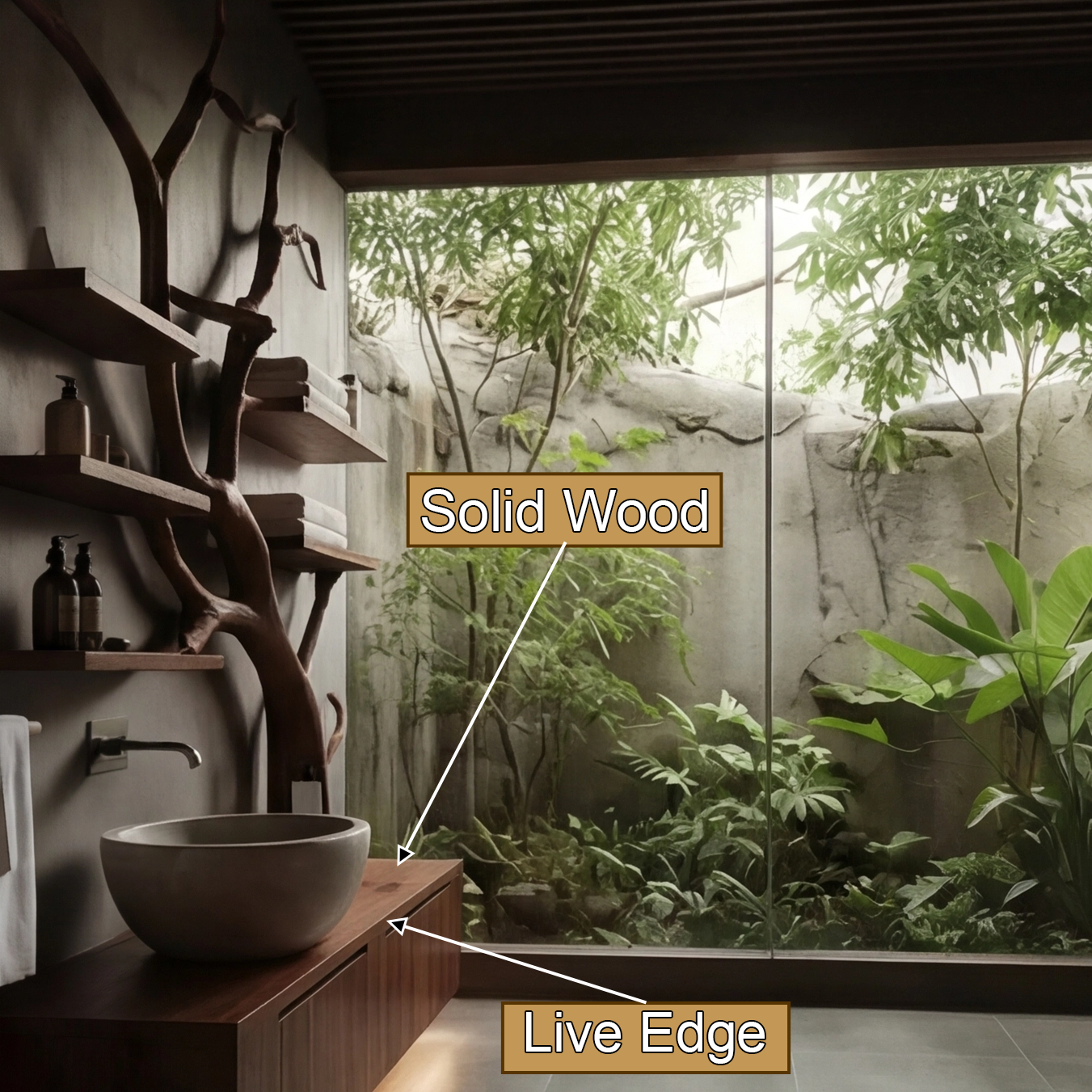 Arboris Organic Handcrafted Solid Wood Floating Bathroom Vanity with Branch Tree Shelves
