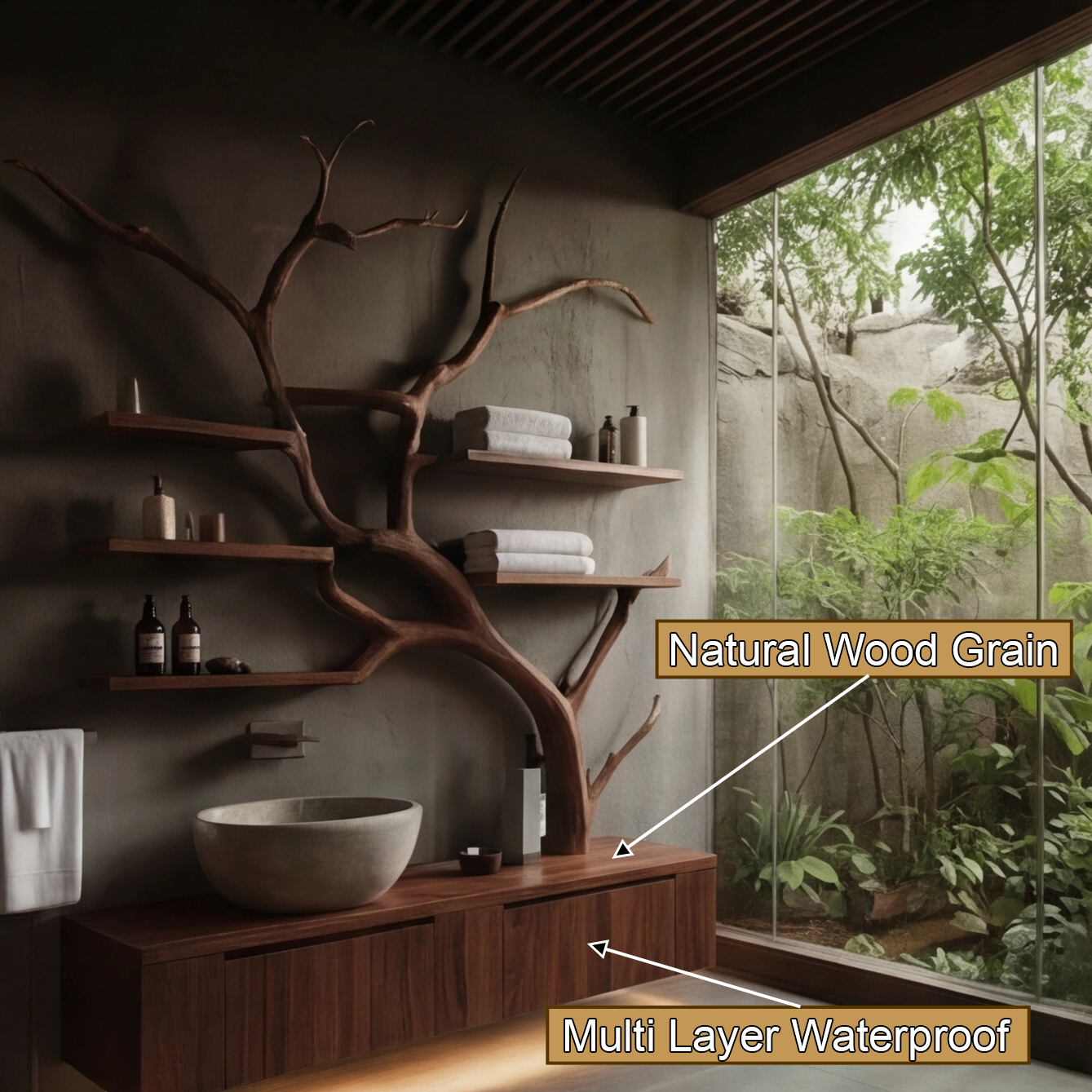 Arboris Organic Handcrafted Solid Wood Floating Bathroom Vanity with Branch Tree Shelves