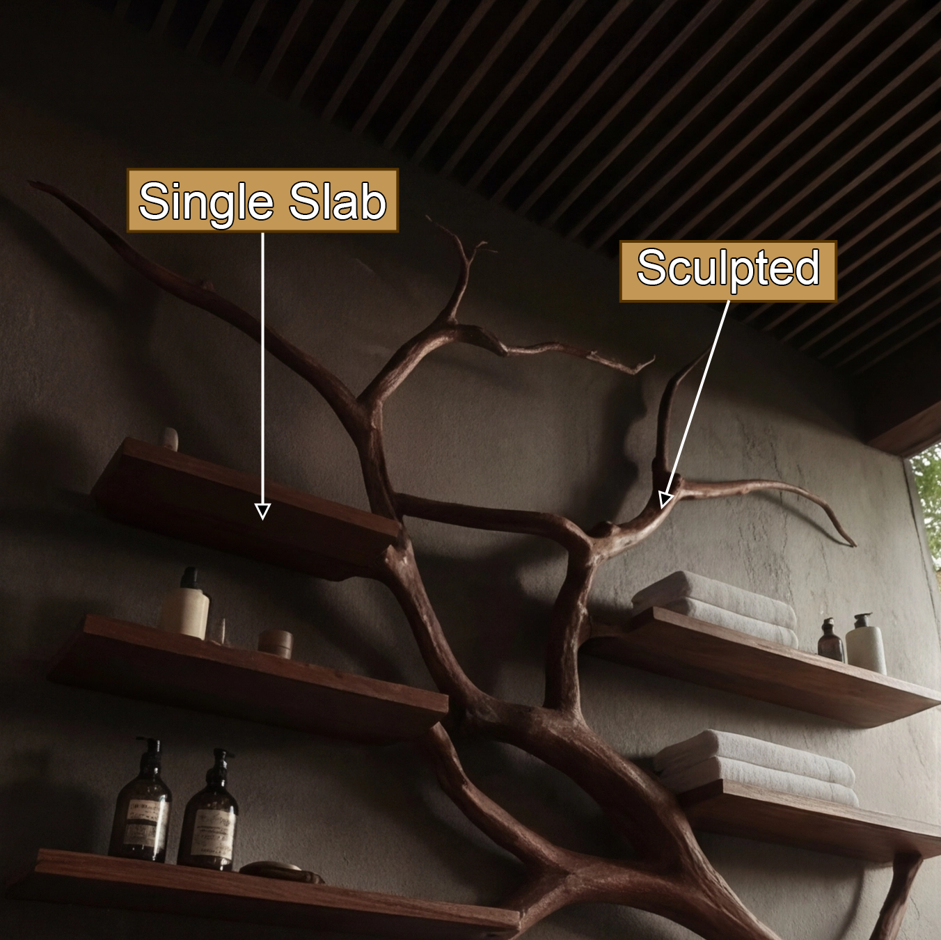 Arboris Organic Handcrafted Solid Wood Floating Bathroom Vanity with Branch Tree Shelves