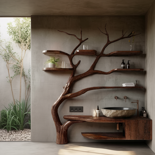 Arboris Organic Modern Solid Wood Bathroom Vanity with Tree Branch Shelves