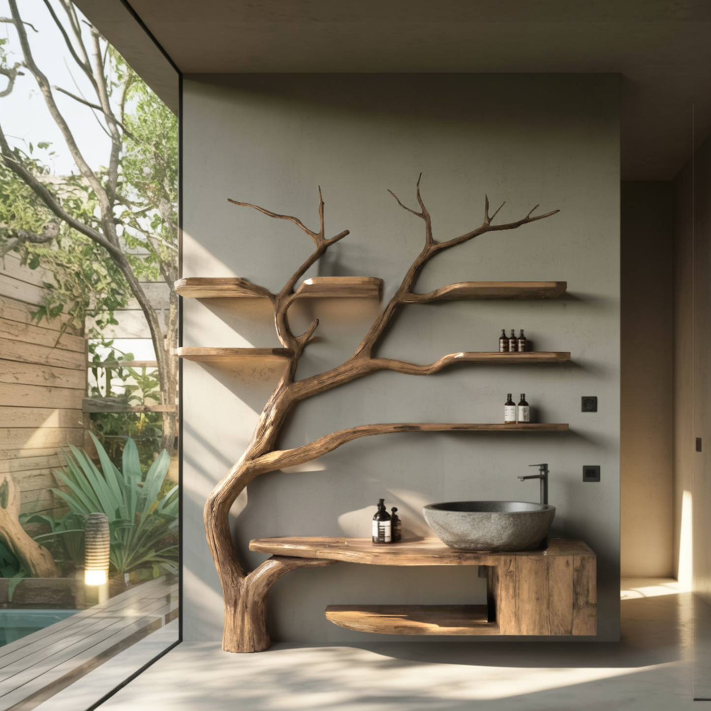 Arboris Organic Modern Solid Wood Bathroom Vanity with Tree Branch Shelves