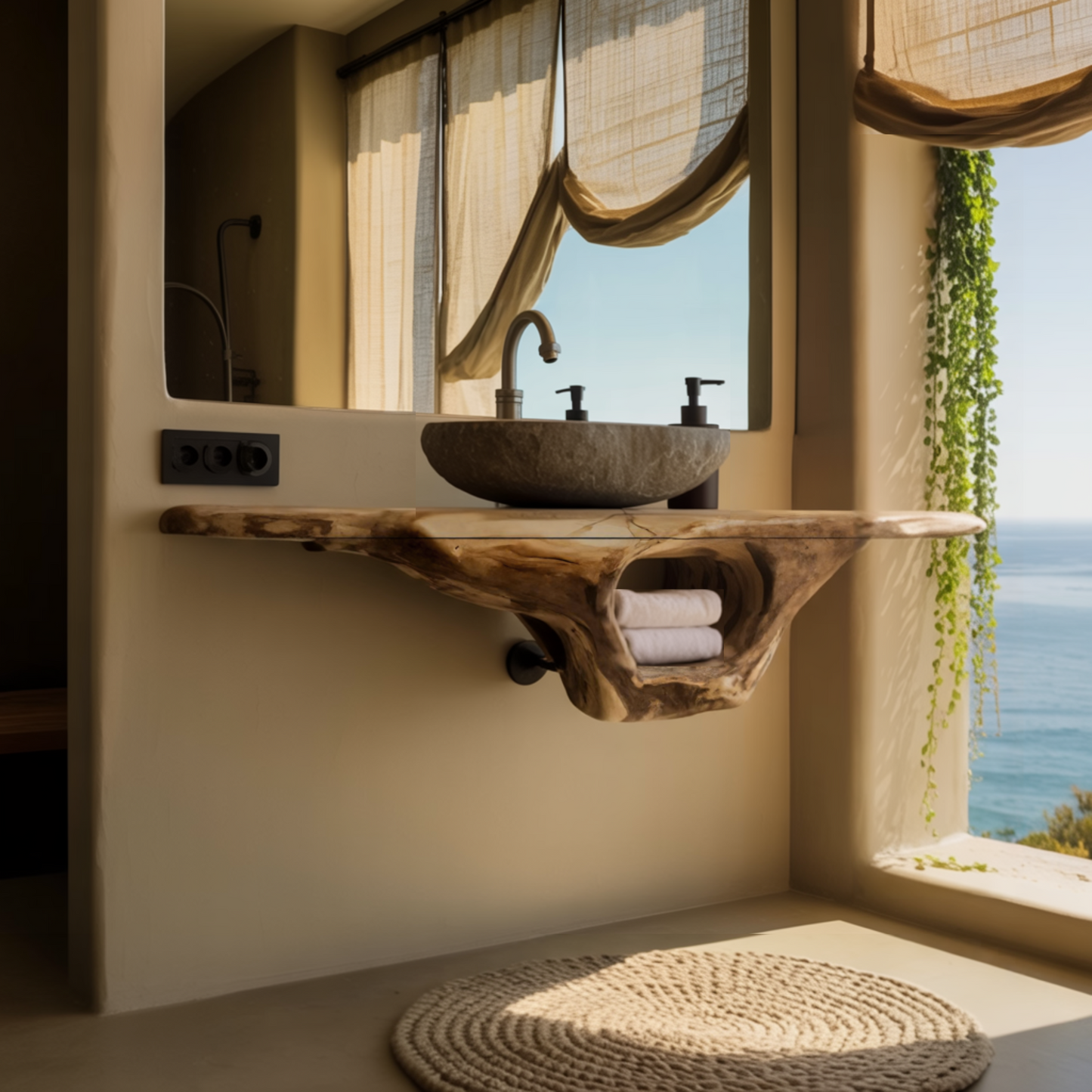 Coralwave Organic Wood Form Floating Bathroom Vanity with Open Storage